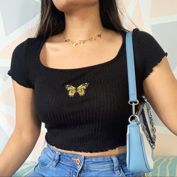 SOLD. Black Tee with Butterfly Detail - Picture 1 of 2